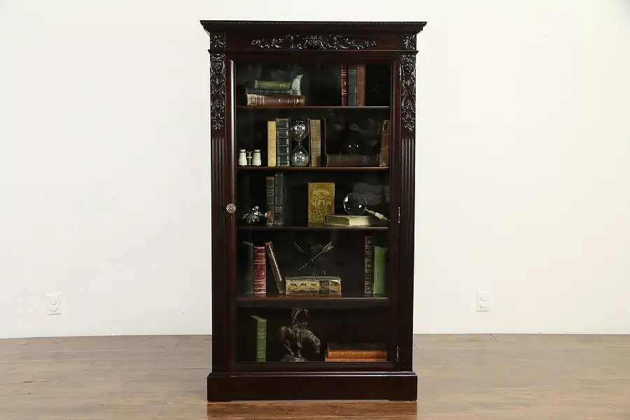 Main image of Italian Antique Walnut Library Bookcase, Carved Faces, Wavy Glass