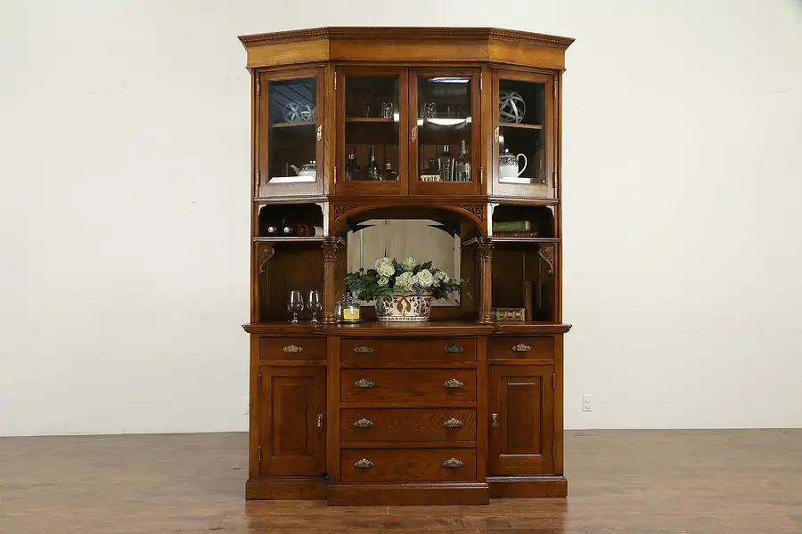 Main image of Victorian Antique Oak China Cabinet or Pantry Cupboard, Beveled Glass