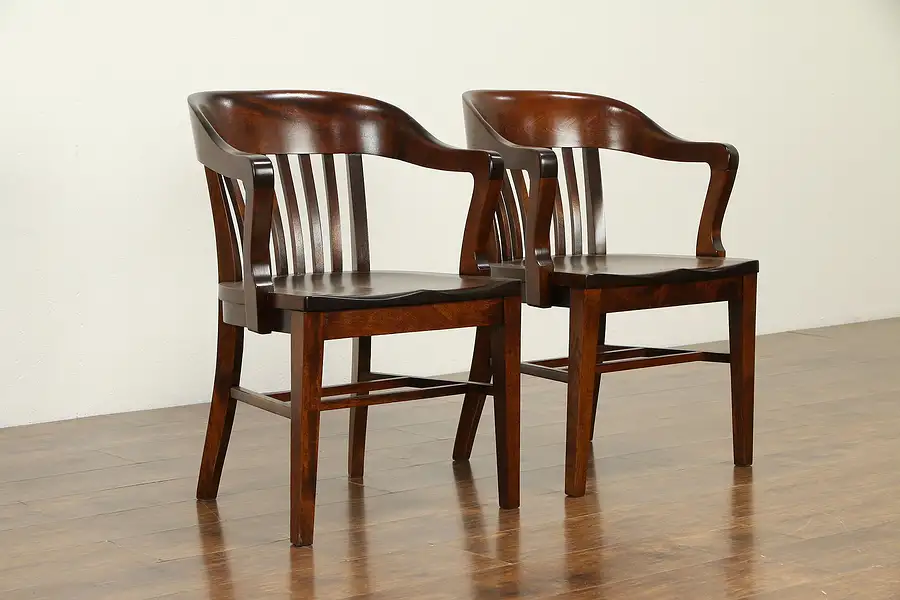 Main image of Pair of 1915 Antique Birch Hardwood Banker, Desk or Office Chairs