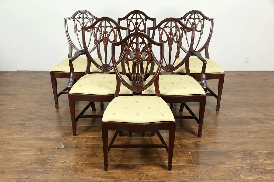 Main image of Set of 6 Traditional Mahogany Shield Back Dining Chairs, New Upholstery