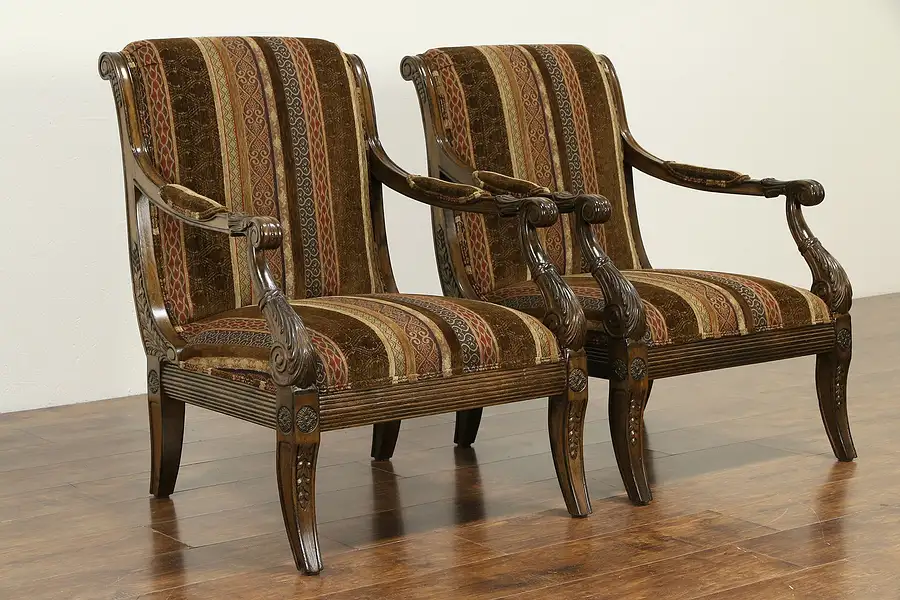 Main image of Pair of Carved Fruitwood Custom Upholstered Chairs