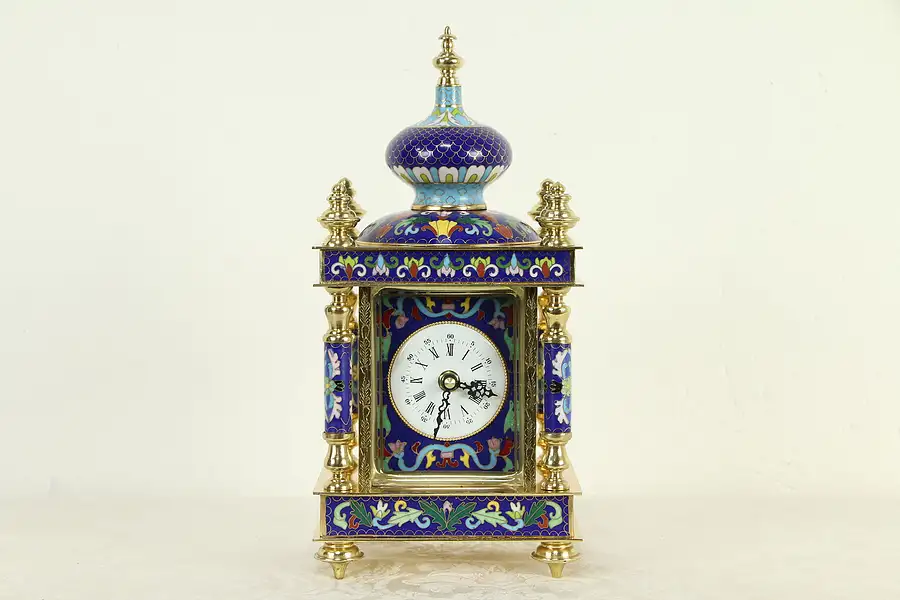 Main image of Cloisonne Enamel Chinese Brass Mantel Clock, Quartz Movement