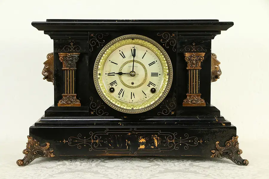 Main image of Victorian Antique Mantel Clock, Marble Grain Paint & Lions, Seth Thomas