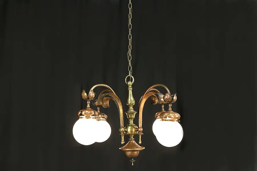 Main image of Art Nouveau Antique Brass & Copper Chandelier Light Fixture, Glass Globes