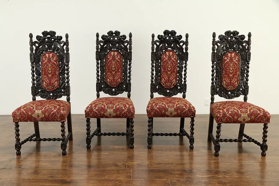 Main image of Set of 4 Carved Oak Antique Black Forest Dining Chairs, New Upholstery