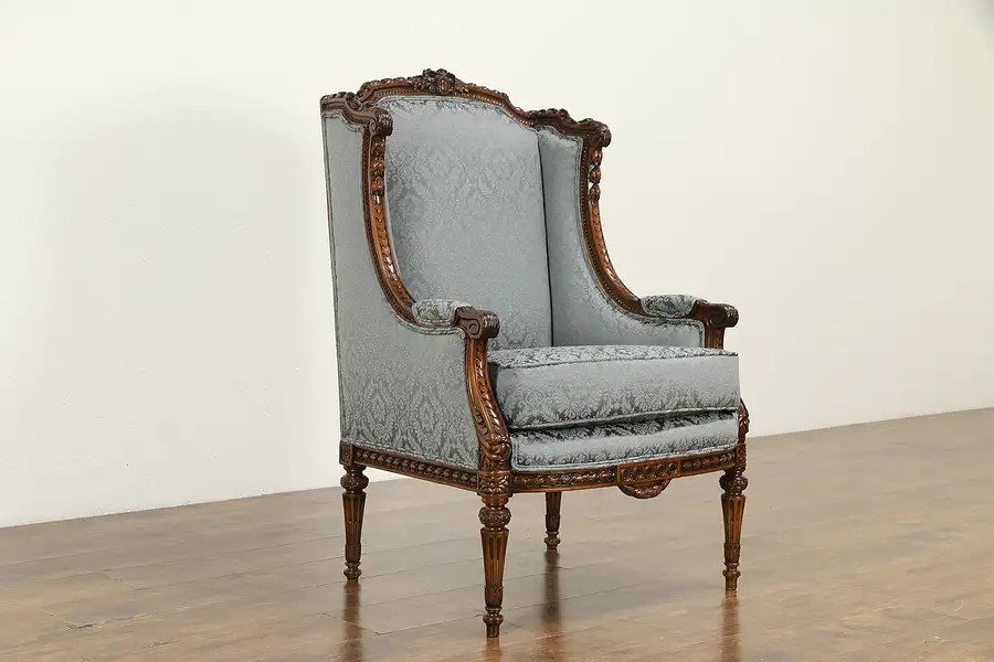 Main image of Louis XVI French Style Antique Carved Wing Chair, New Upholstery