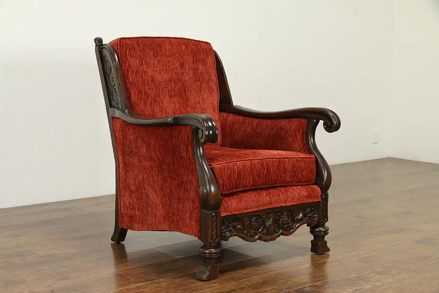 Main image of Oak Antique Lodge Wing Chair, Carved Crest, New Upholstery