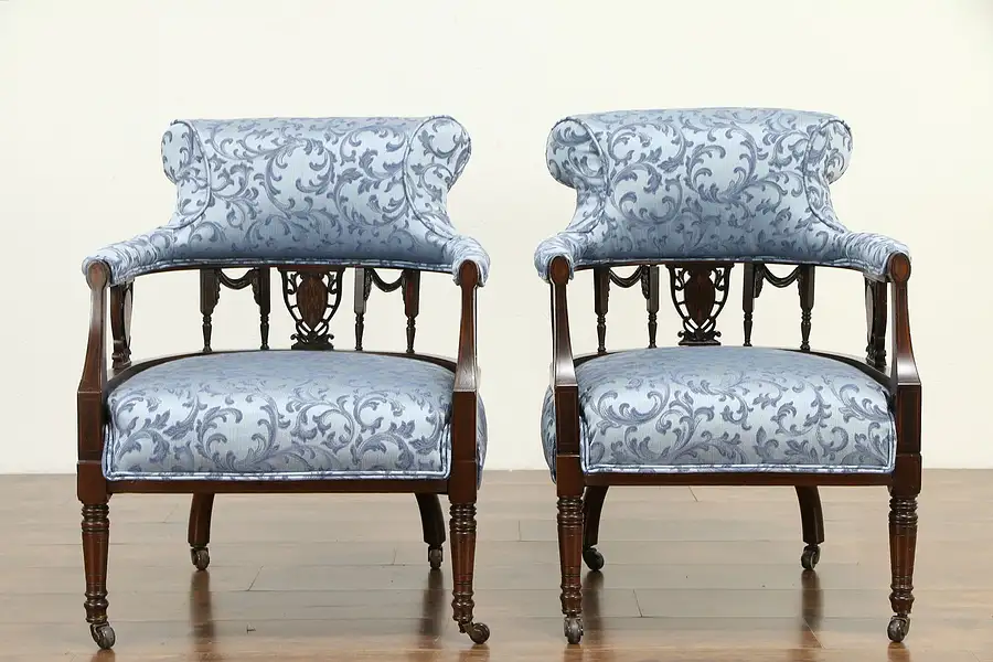 Main image of Victorian English Antique Banded Rosewood Pair of Chairs, New Upholstery