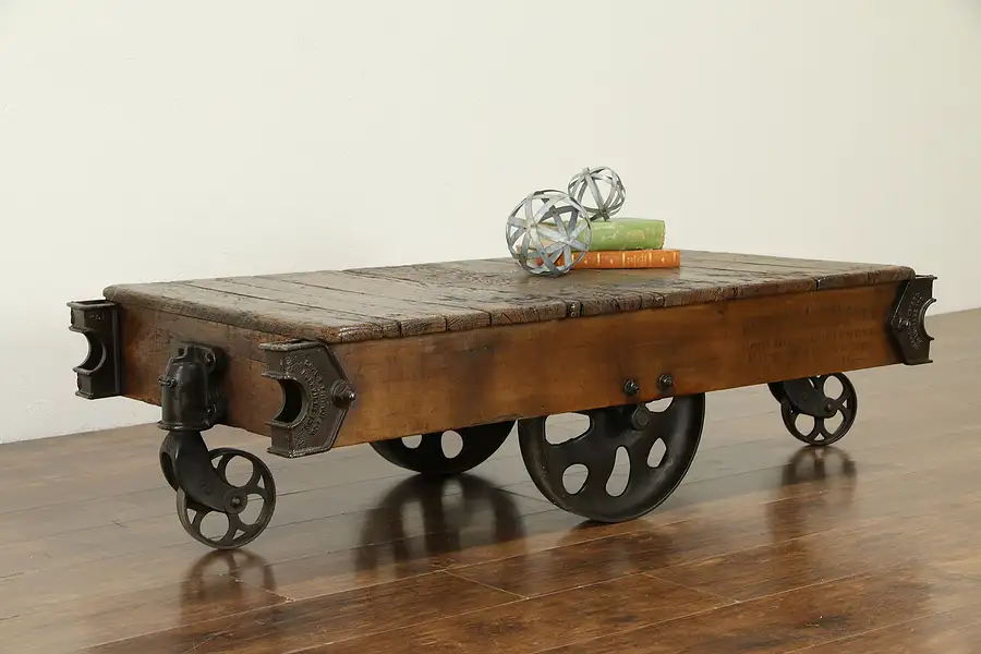 Main image of Industrial Salvage Antique Railroad Oak & Iron Cart, Coffee Table Francis