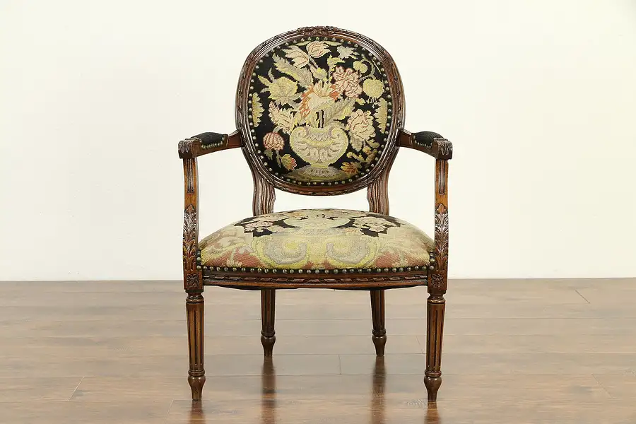 Main image of French Antique Louis XVI Style Chair, Black Needlepoint Upholstery