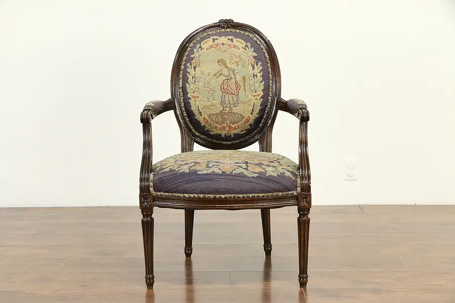 Main image of French Antique Louis XVI Style Chair Needlepoint & Petit Point Upholstery