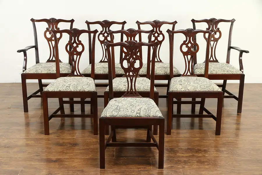 Main image of Set of 8 Georgian Design Mahogany Vintage Dining Chairs, New Upholstery