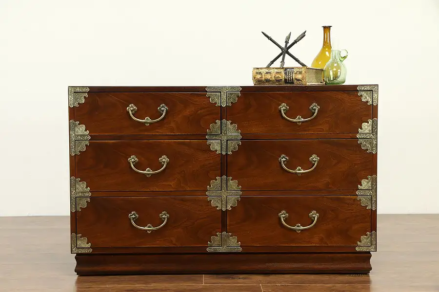 Main image of Campaign Hall Chest or Dresser, Vintage Walnut, Signed Henredon