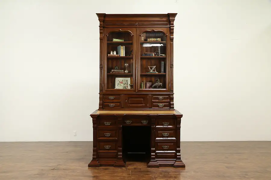 Main image of Victorian Antique Walnut Library Desk & Bookcase, Signed Bitten 1887