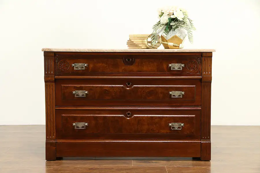 Main image of Victorian Eastlake Antique Walnut Linen Chest or Dresser, Marble Top