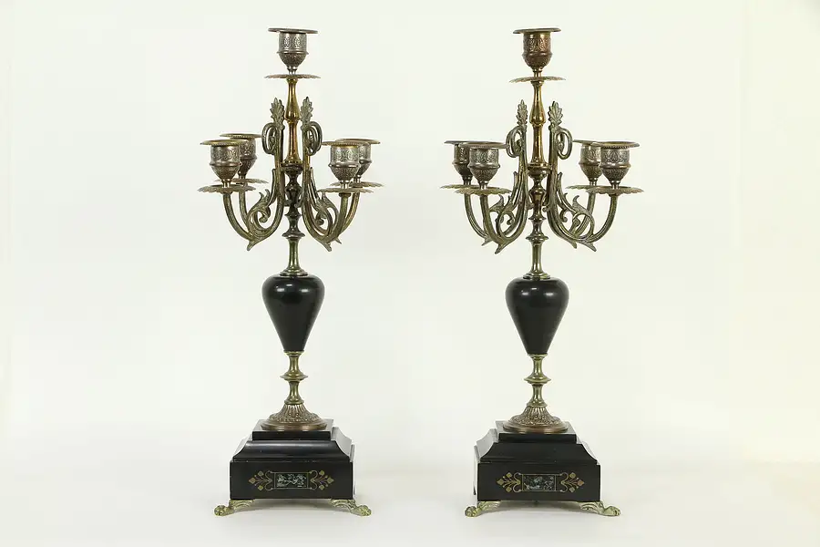 Main image of Pair of Antique French 5 Light Candelabra, Marble Bases