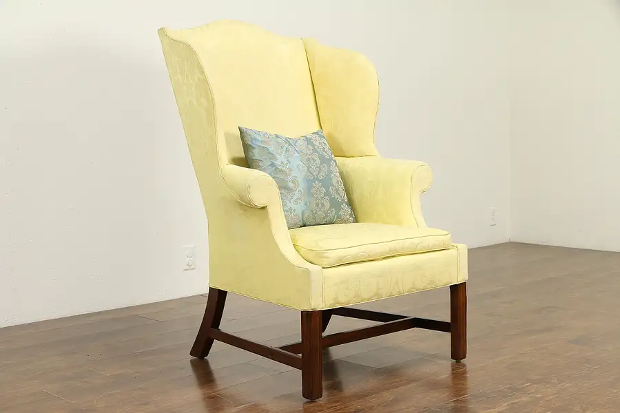 Main image of Georgian Antique 1775 Mahogany Wing Chair, Damask Upholstery