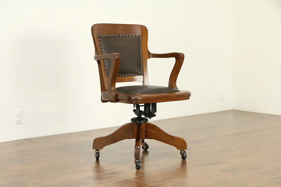 Main image of Oak Antique Swivel Adjustable Desk Chair, New Leather, Milwaukee