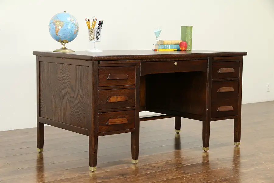 Main image of Oak Quarter Sawn Vintage Desk, Brass Feet, File Drawer, NASA Stamp