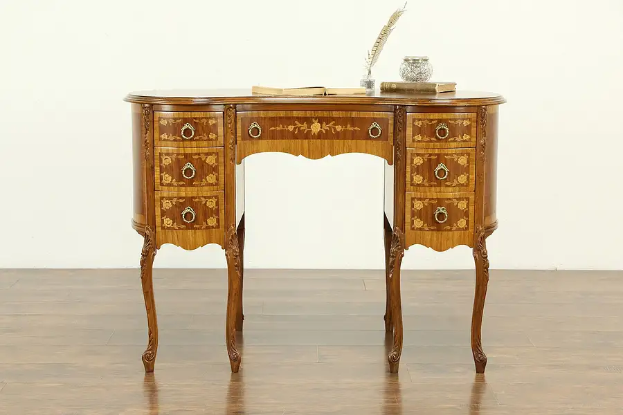 Main image of Kidney Shape Vintage Carved Mahogany & Inlaid Marquetry Desk