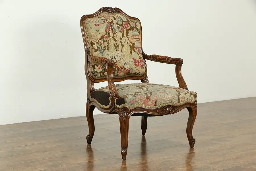 Main image of French Antique Carved Chair, Needlepoint & Petit Point Upholstery