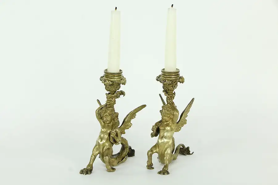 Main image of Pair of Antique Bronze Italian Mythological Candlesticks, Pandiani Milan