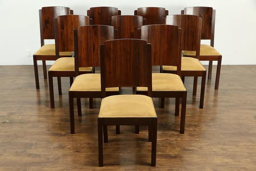 Main image of Set of 10 Italian Art Deco Dining Chairs, Mahogany, Faux Suede