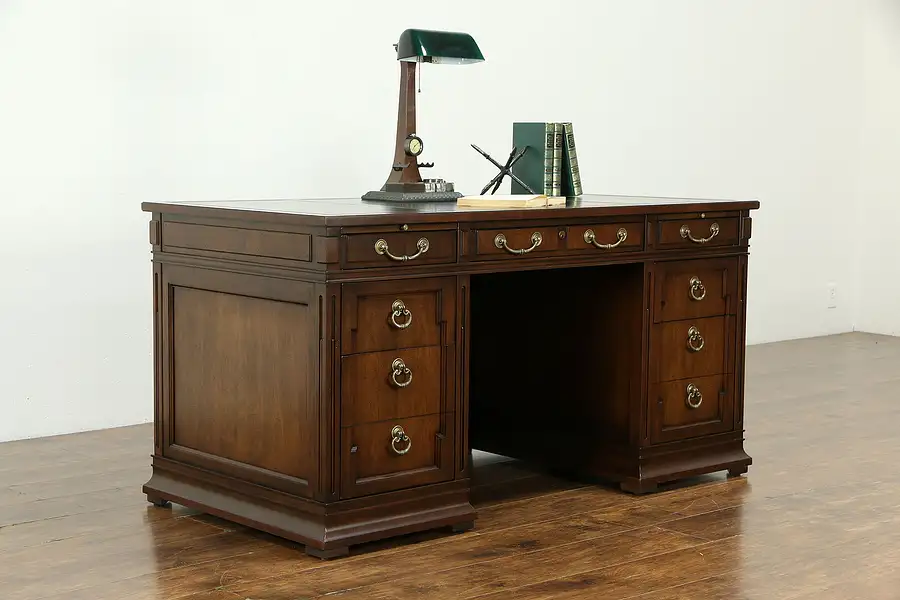 Main image of Sligh Vintage Library Desk, Fruitwood & Tooled Leather, 2 File Drawers