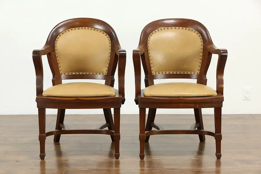 Main image of Pair of Antique Walnut Banker Chairs, New Leather, Becker