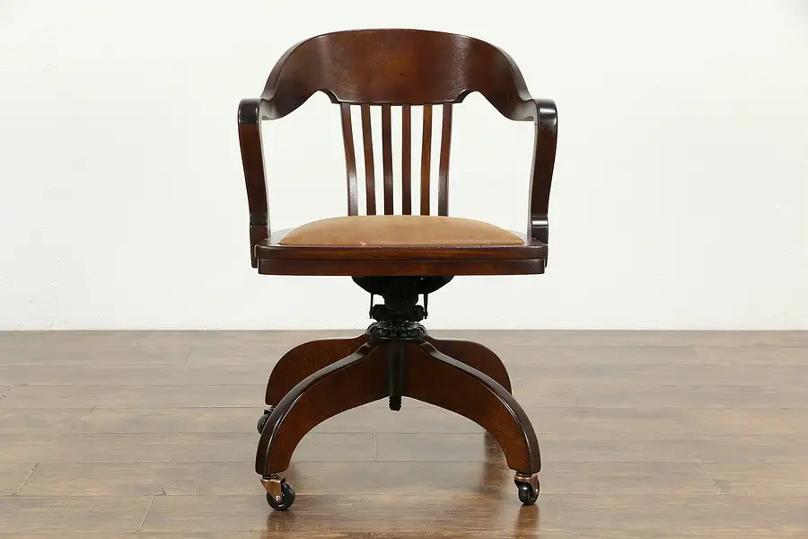 Main image of Walnut Antique 1920 Swivel Adjustable Desk Chair, Leather Seat