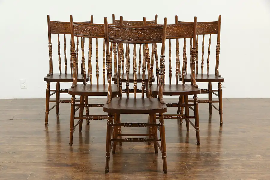 Main image of Set of 6 Antique Ash Pressback Country Dining Chairs, Cherry Carving