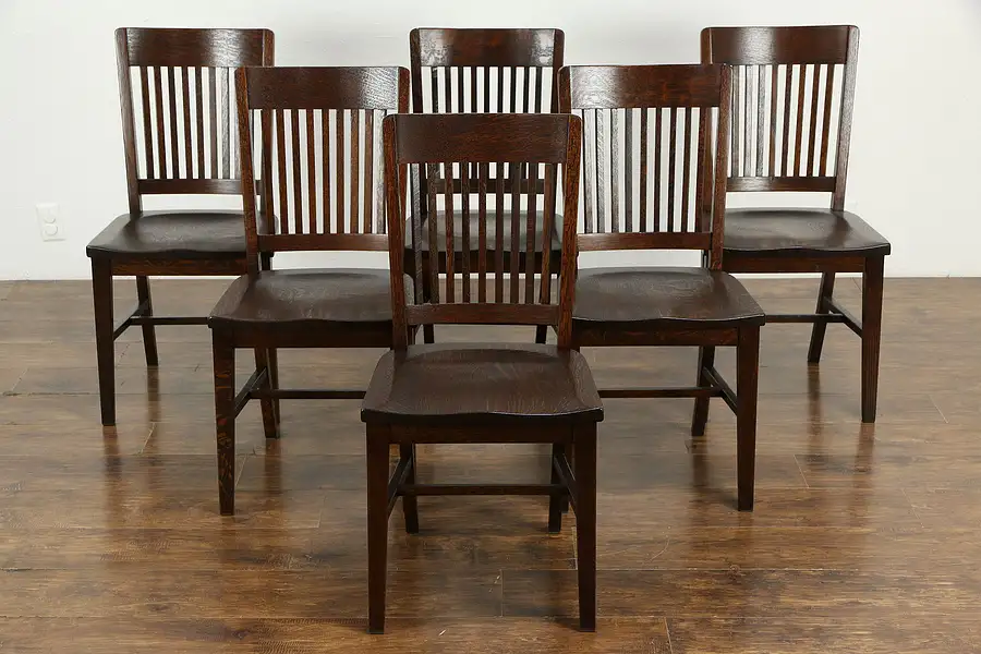 Main image of Set of 6 Antique Quarter Sawn Oak Craftsman Dining Chairs