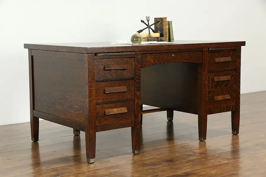 Main image of Craftsman Oak Quarter Sawn Antique Desk, File Drawer, Brass Feet