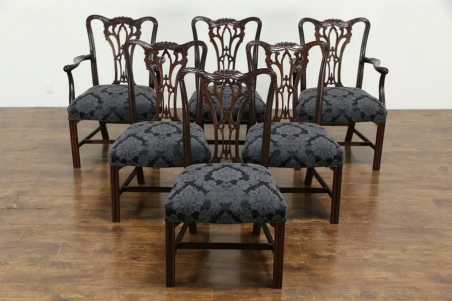 Main image of Set of 6 Georgian Design Vintage Mahogany Dining Chairs, New Upholstery