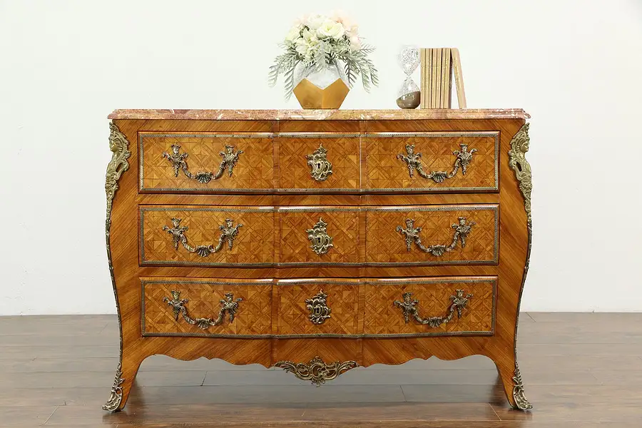 Main image of Italian Bombe Tulipwood Marquetry Chest, Dresser, Commode, Marble