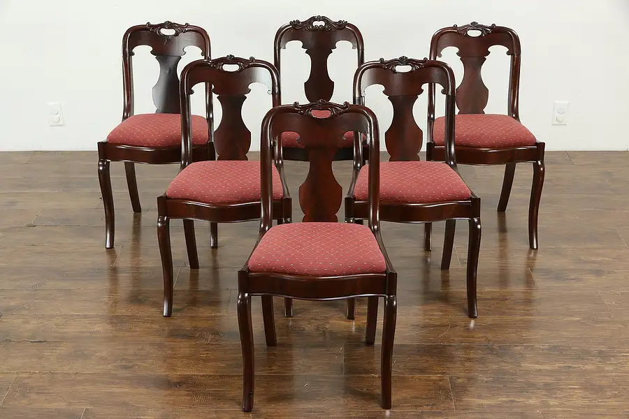 Main image of Set of 6 Empire Antique Carved Mahogany Dining Chairs, New Upholstery