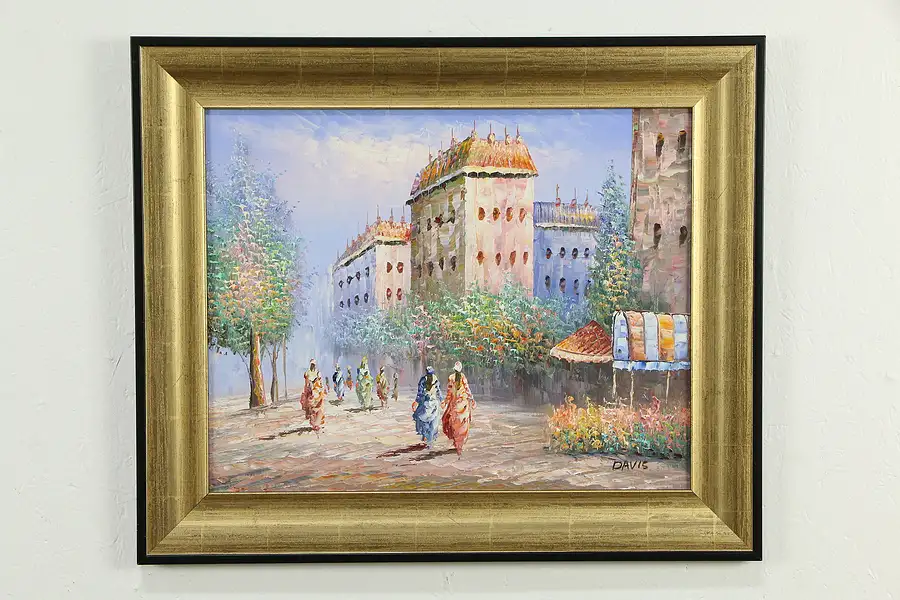 Main image of Flower Market Scene, Original Oil Painting, Gold Leaf Frame, Davis