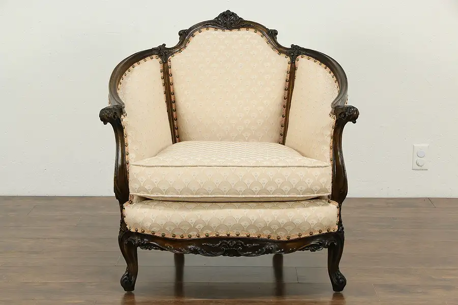 Main image of French Design Carved Vintage Club Chair, Recent Upholstery