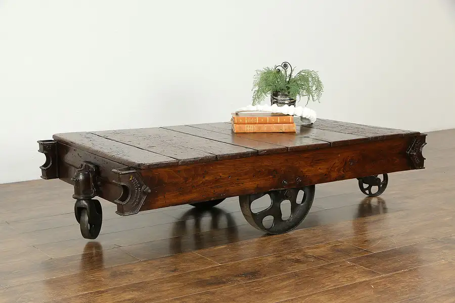 Main image of Industrial 1900's Antique Railroad Salvage Oak Cart, Coffee Table, Signed