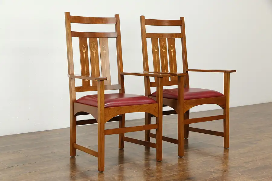 Main image of Pair of Craftsman Vintage Cherry Arm Chairs, Leather Seats, Stickley