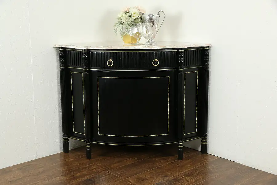 Main image of English Vintage Black & Gold Corner Cabinet, Marble