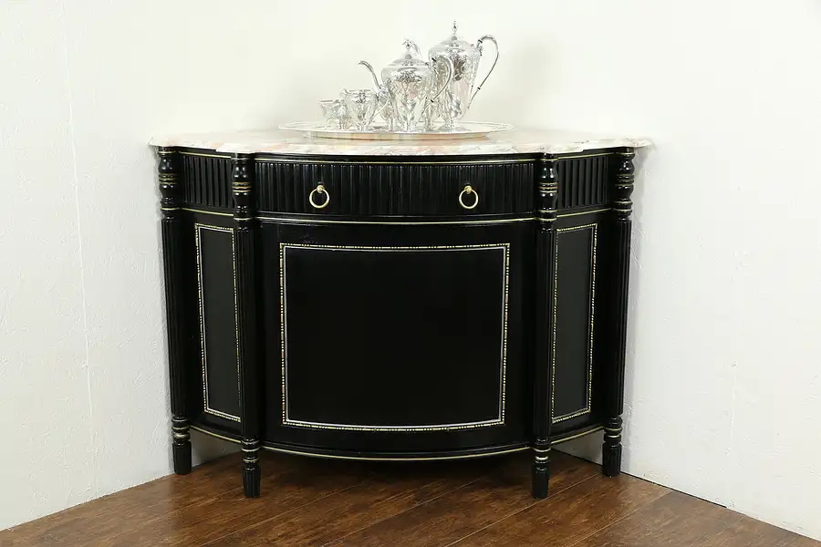 Main image of English Vintage Black & Gold Corner Cabinet, Marble Top