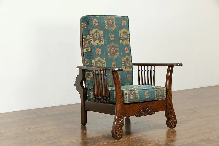 Main image of Victorian Antique Carved Oak Morris Recliner Chair, New Upholstery