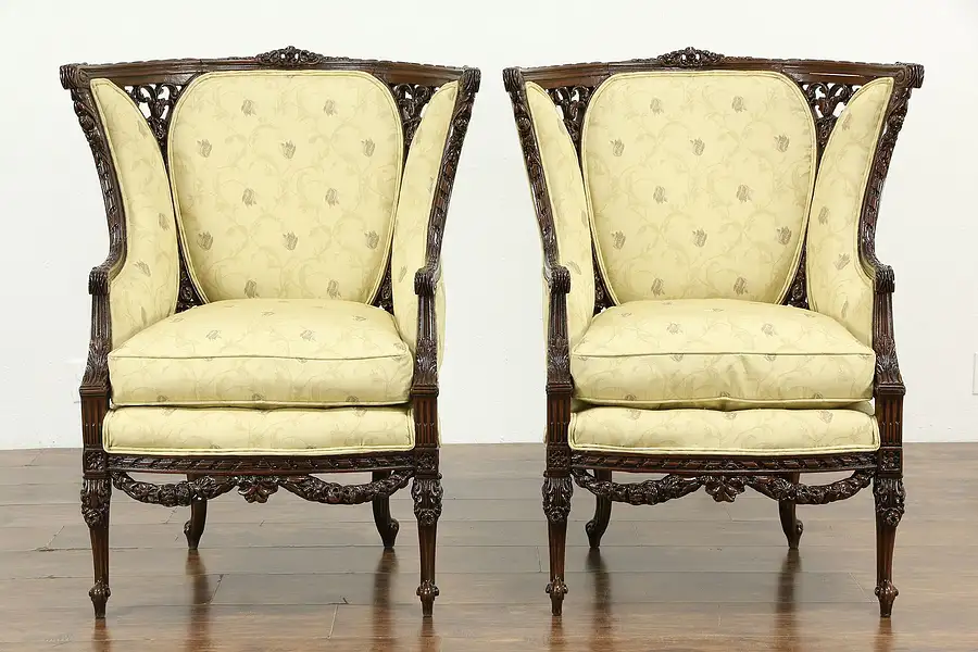 Main image of Pair of Vintage Regency Carved Wing Chairs, New Upholstery