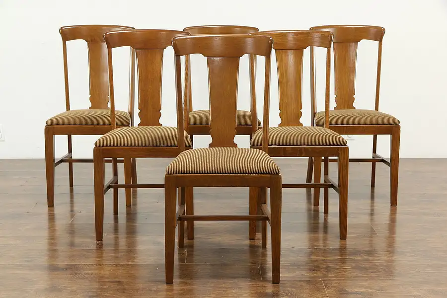 Main image of Set of 6 Antique Craftsman Oak Dining Chairs, New Upholstery, Brown