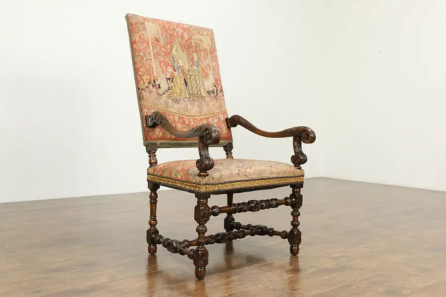 Main image of Carved Walnut Antique French Throne or Hall Chair, Unicorn Tapestry