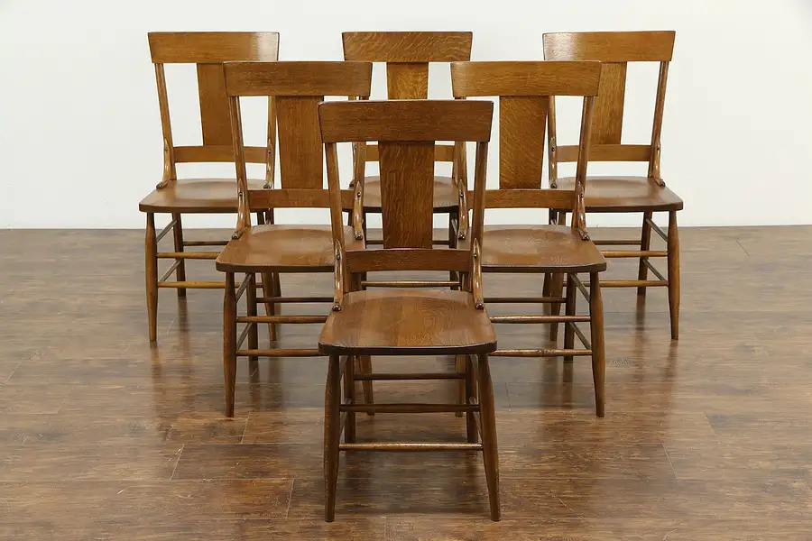 Main image of Set of 6 Craftsman Quarter Sawn Oak Antique Dining Chairs, Richardson