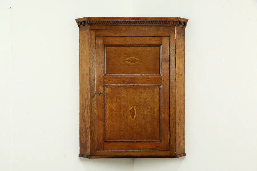 Main image of Oak Antique English Hanging Corner Cabinet or Cupboard, Marquetry Shells