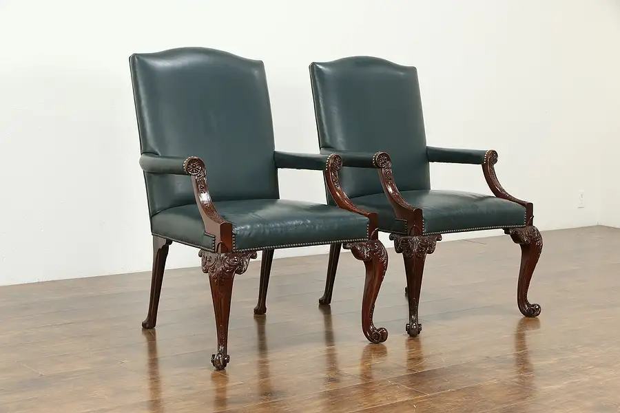 Main image of Pair of Georgian Style Vintage Leather & Carved Mahogany Chairs, Baker