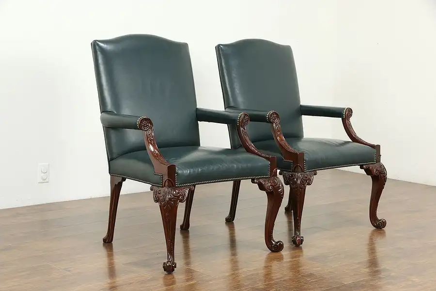 Main image of Pair of Georgian Style Vintage Leather & Carved Mahogany Chairs, Baker